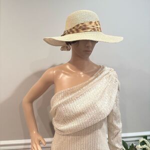 NWOT Straw Cream Wide Brim Hat with Leopard Band